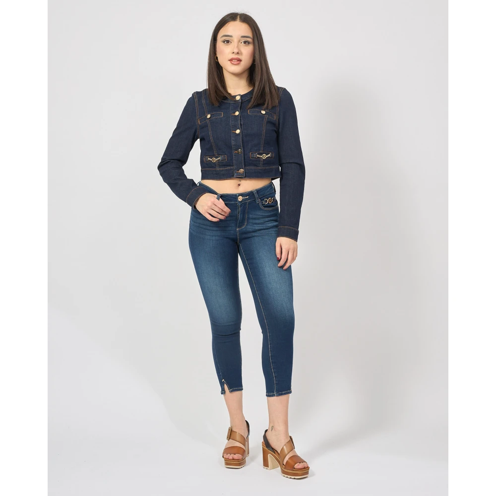Fracomina Blauwe Cropped Denim Jack met Donkere Wassing Blue Dames