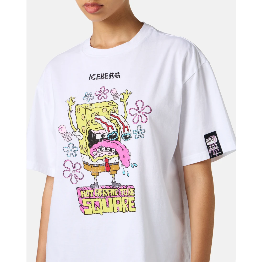 Iceberg Wit katoenen T-shirt met mix van prints en Spongebob patches White Dames