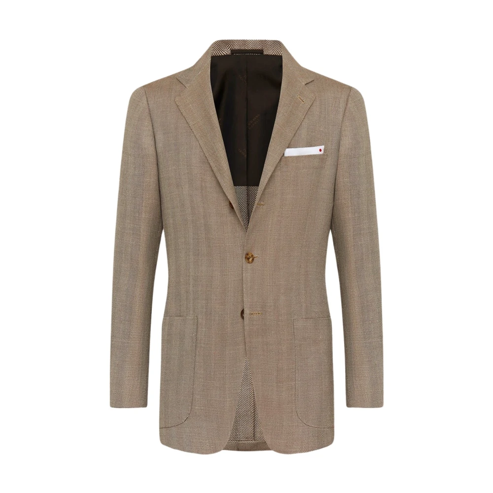 Kiton Herringbone Patroon Cashmere Blend Blazer Beige Heren