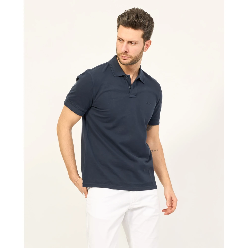 Boss Blauw Polo Shirt Piqué Logo Print Blue Heren