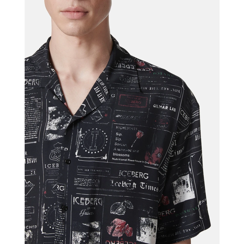 Iceberg Donkerblauw losvallend shirt met korte mouwen in bowlingstijl met allover logo Multicolor Heren