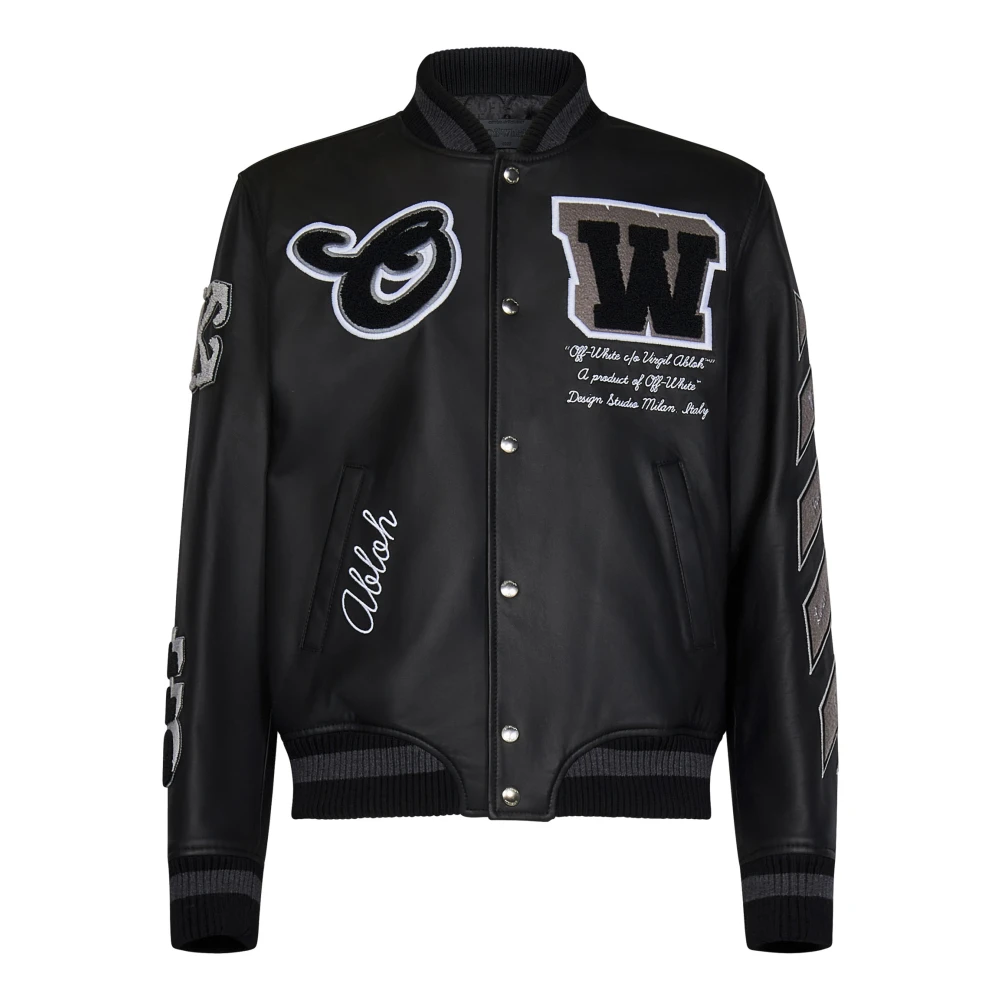 Off White Svart läder varsity jacka med lappar Black, Herr