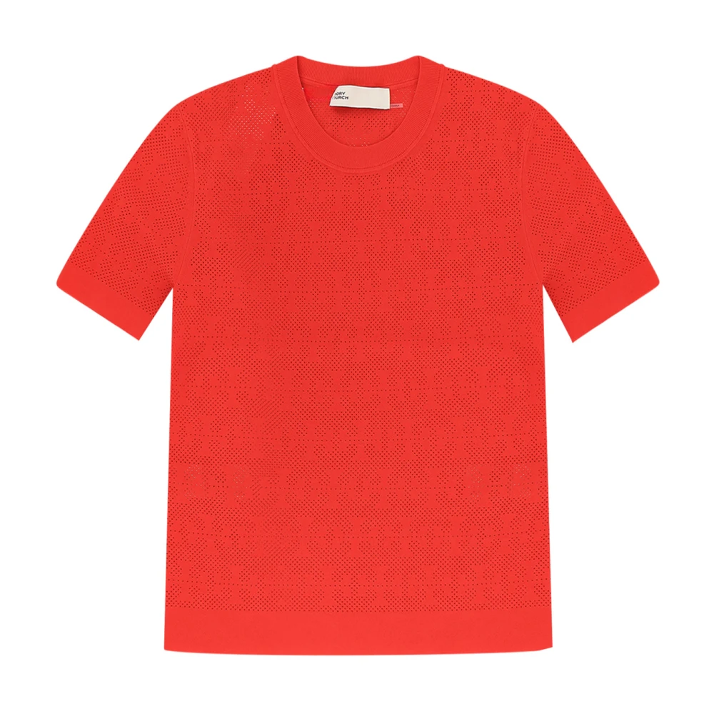 Tory Burch Women's Red T-Shirts, S, Ribbed Crewneck Short Sleeve T-Monogram Tee