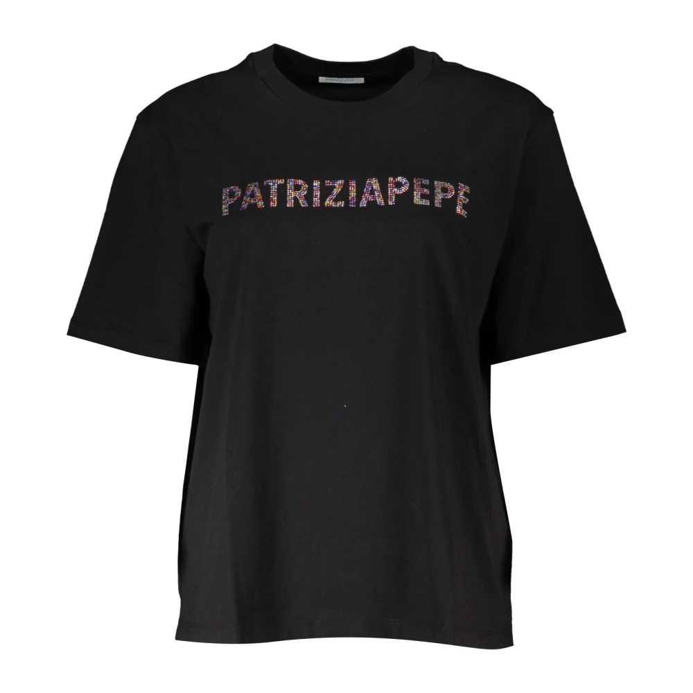 Patrizia Pepe Svart Kortärmad Bomullst-Shirt Med Strasslogo