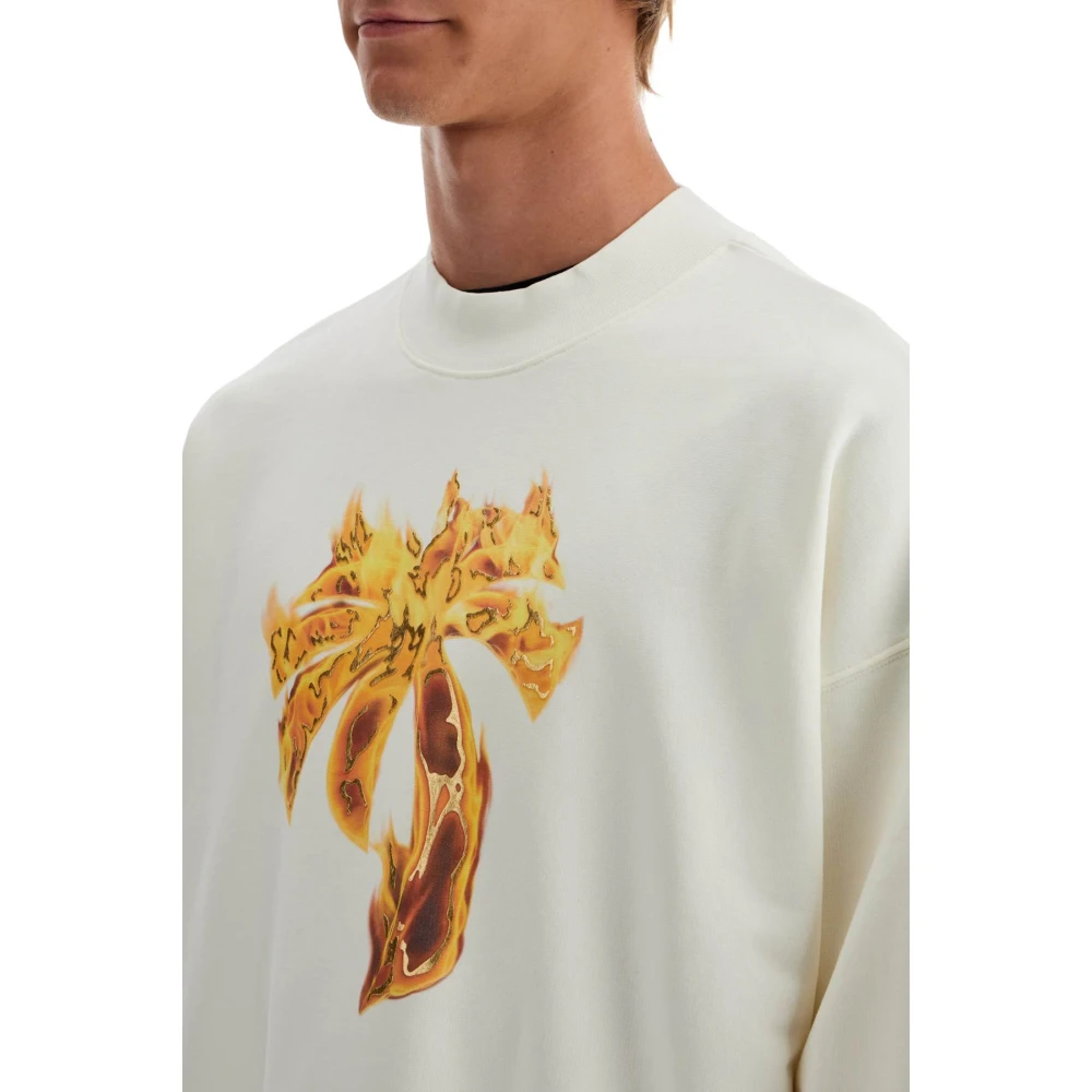 Palm Angels Brandende Palm Oversized Crewneck Sweatshirt White Heren