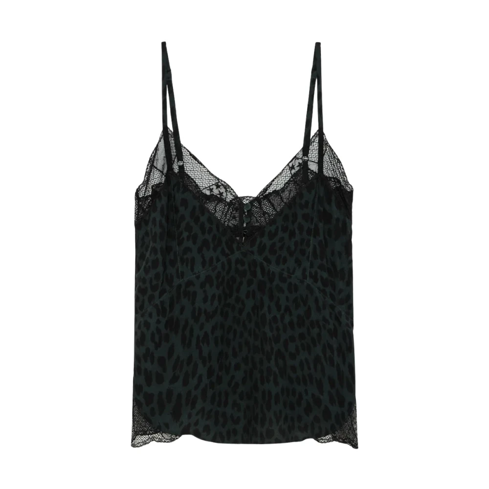 Zadig & Voltaire Leopardmönstrad Mörkgrön Spets Camisole Topp Black, Dam