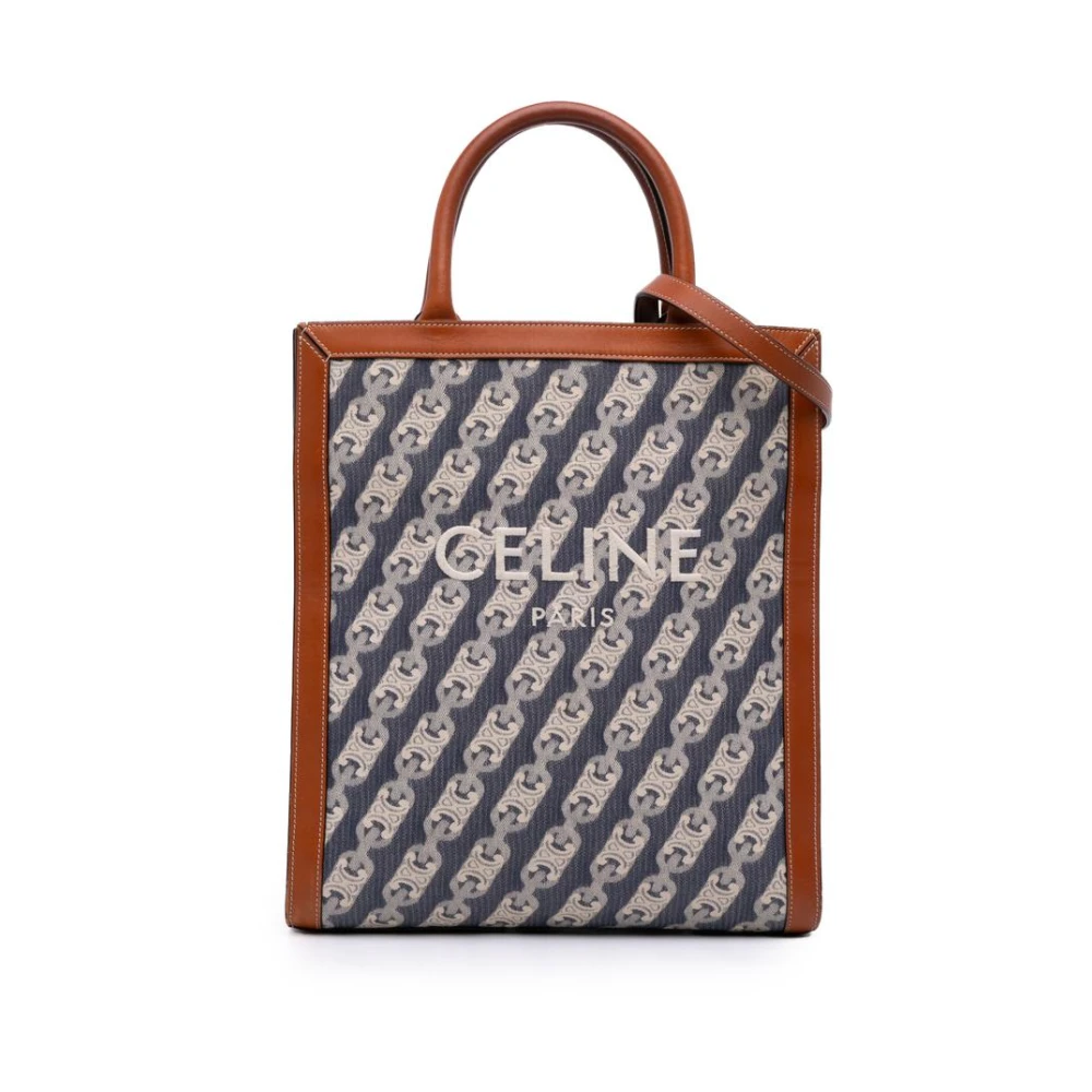 Celine Vintage Women's Blue Pre-Owned Printed Textile Vertical Cabas With Leather Trim And Shoulder Strap