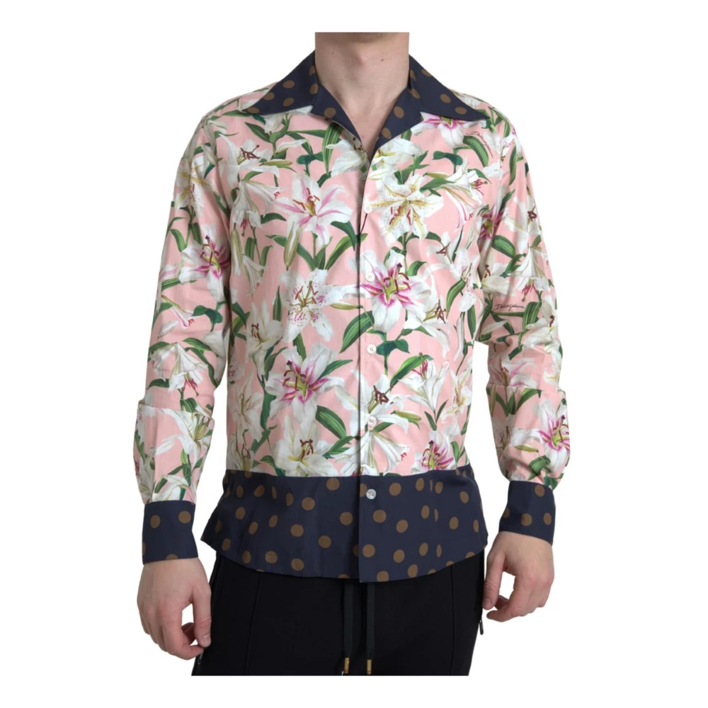 Dolce & Gabbana Men's Polka Dot Lily Print Collared Shirt