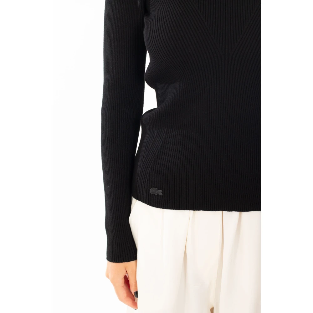 Lacoste Geribbelde hoge hals lange mouwen top Black Dames