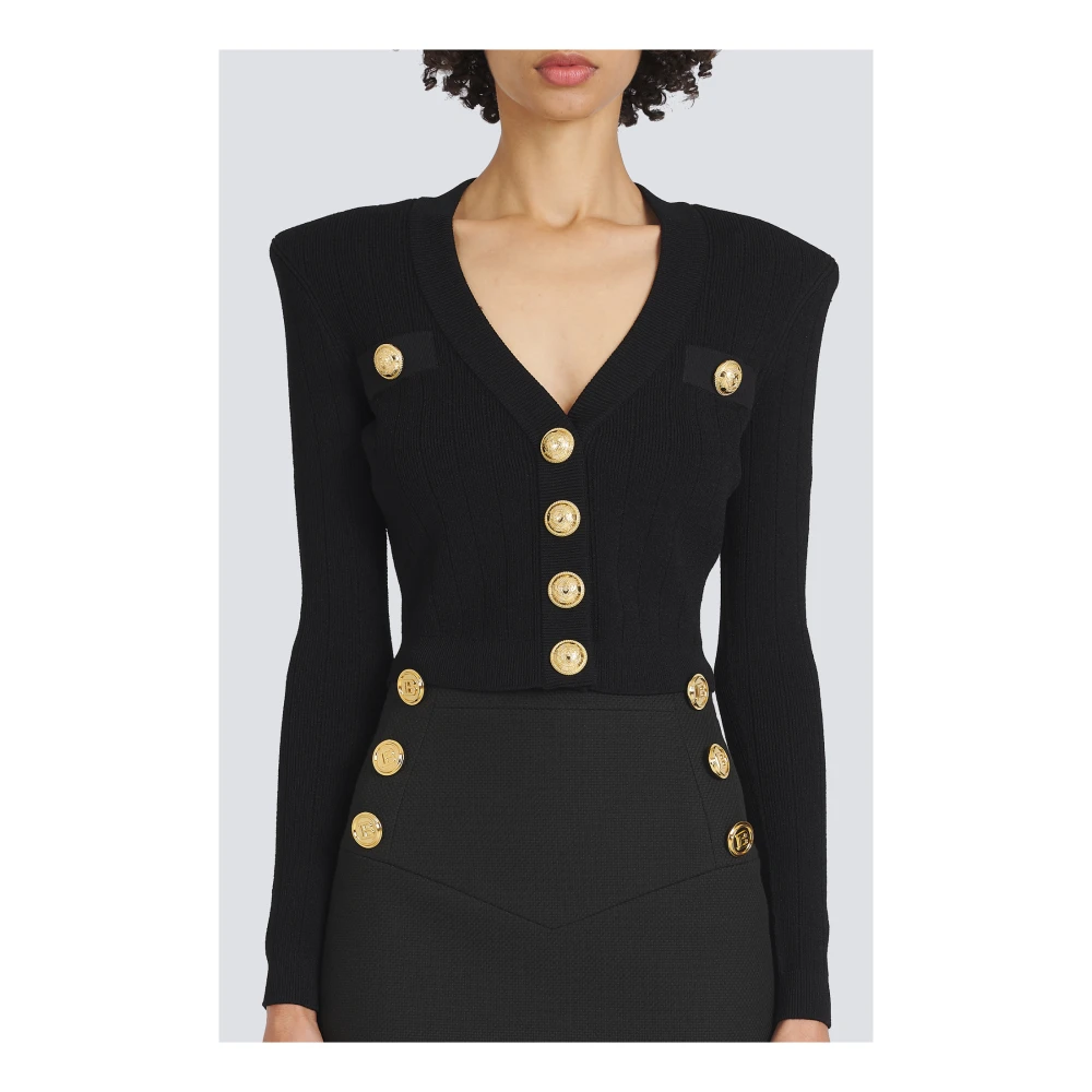 Balmain Eco Gebreide Vest met Gouden Knopen Black Dames