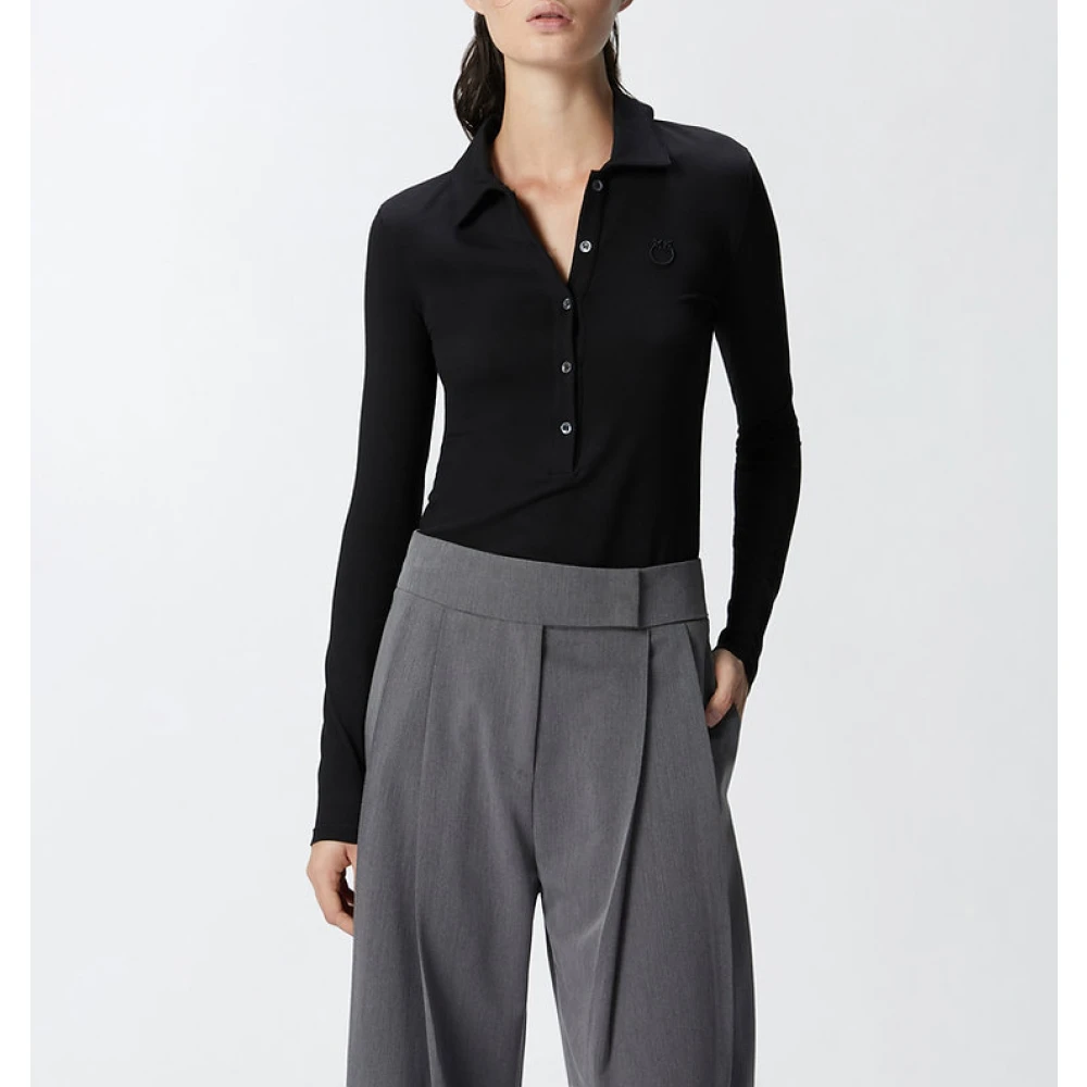 pinko Zwarte polo met lange mouwen en Love Birds borduursel Black Dames