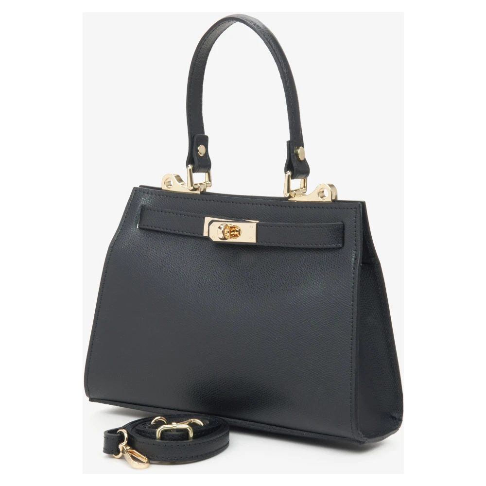 Estro Luxe Zwarte Leren Satchel Handtas Black Dames