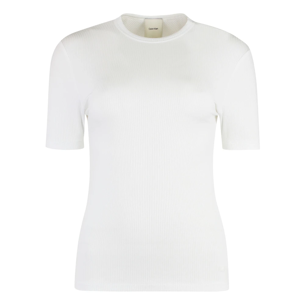 Calvin Klein Women's White T-Shirts,, Ribbed Crew-Neck T-Shirt Modal Elastane Extra Small