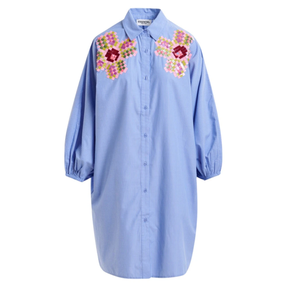 Essentiel Antwerp Gestreepte overhemdjurk met kleurrijke borduursels Blue Dames