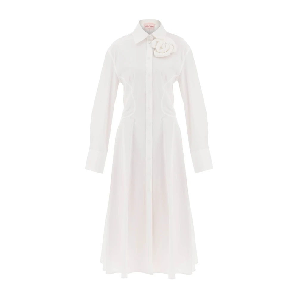 Valentino Garavani Compact Poplin Midi Jurk met Rozenapplicatie White Dames