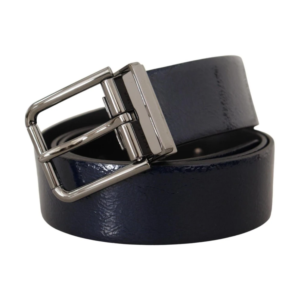 Dolce & Gabbana Blue Patent Leather Vernice Silver Logo Buckle Belt - 90 cm / 36 Inches - Image 3