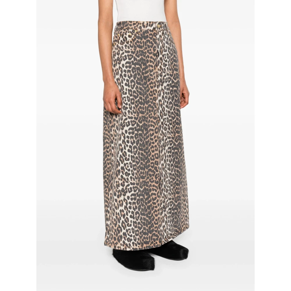 Ganni Leopard-Print Denim Midi Rok Brown Dames