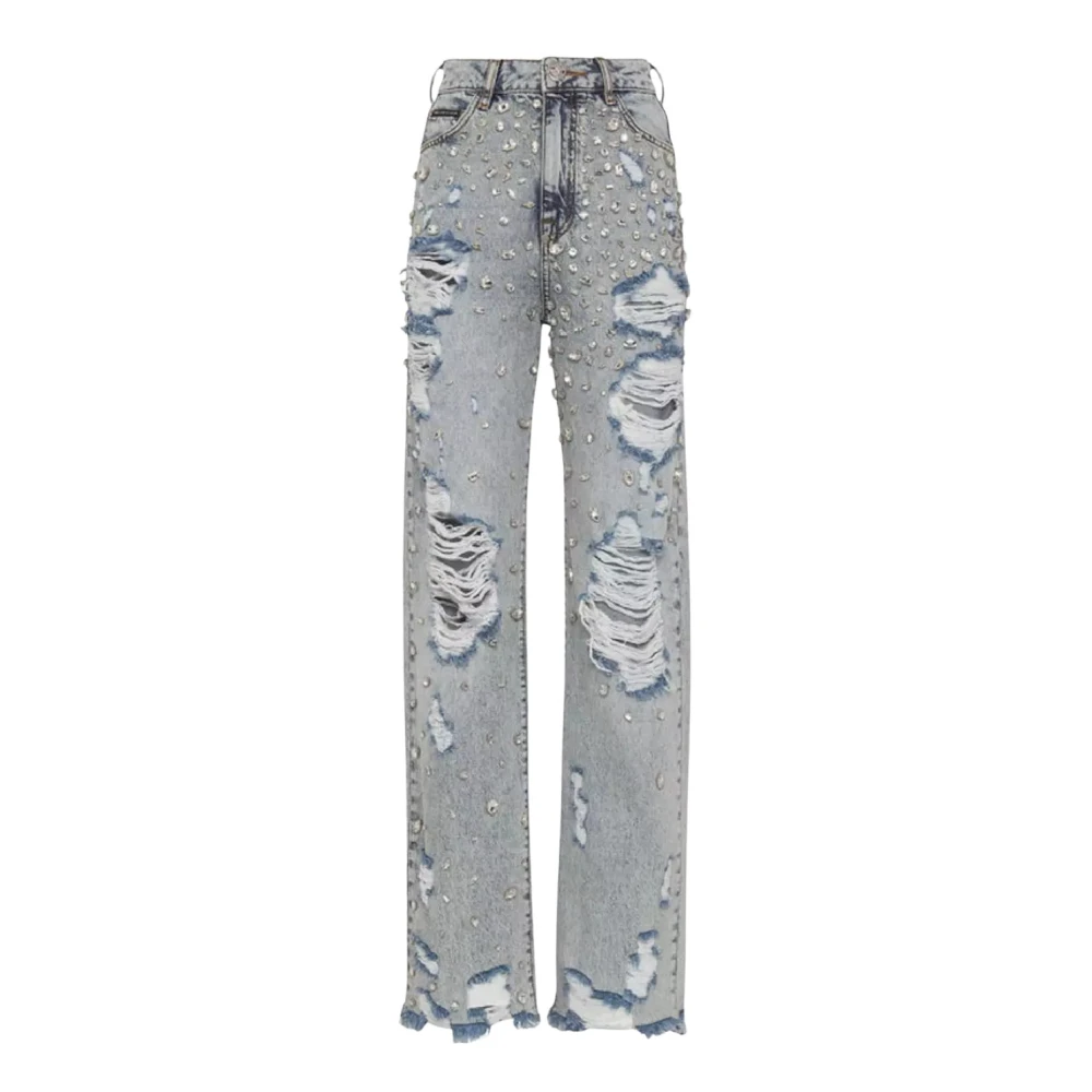 Philipp Plein Crystal Palace Fit Distressed Wide Leg Jeans Blue Dames