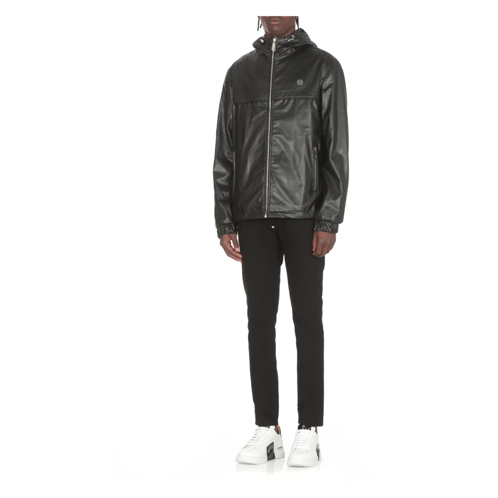 Philipp Plein Zwarte Synthetisch Leren Hoodie Jas Black Heren
