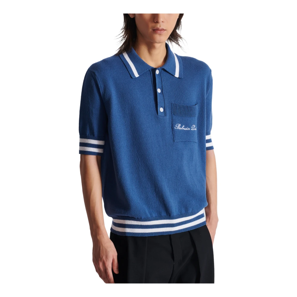 Balmain Katoen-linnen poloshirt met Balain Signature borduurwerk Blue Heren