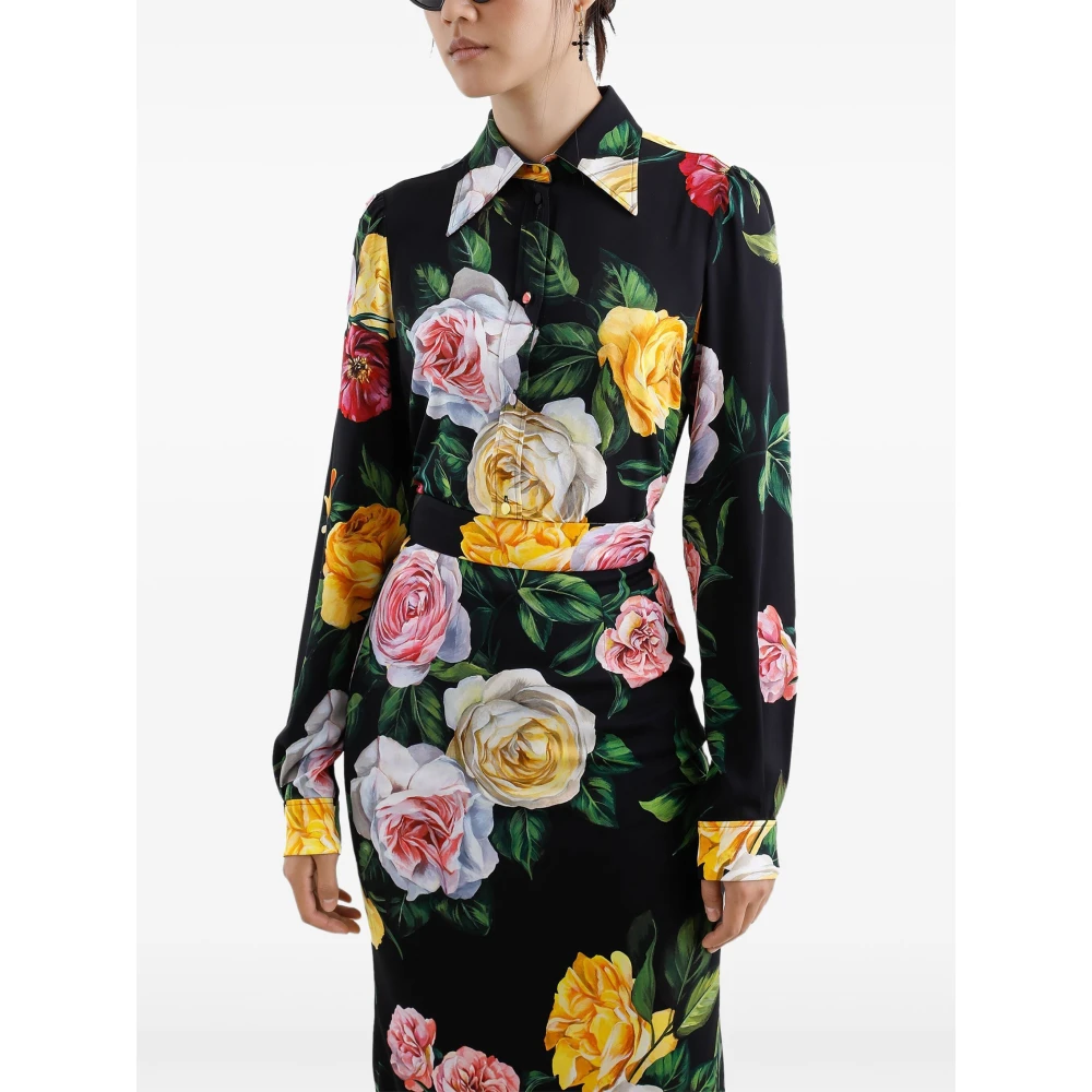 Dolce & Gabbana Peonie Rose Zwarte Shirt Multicolor Dames