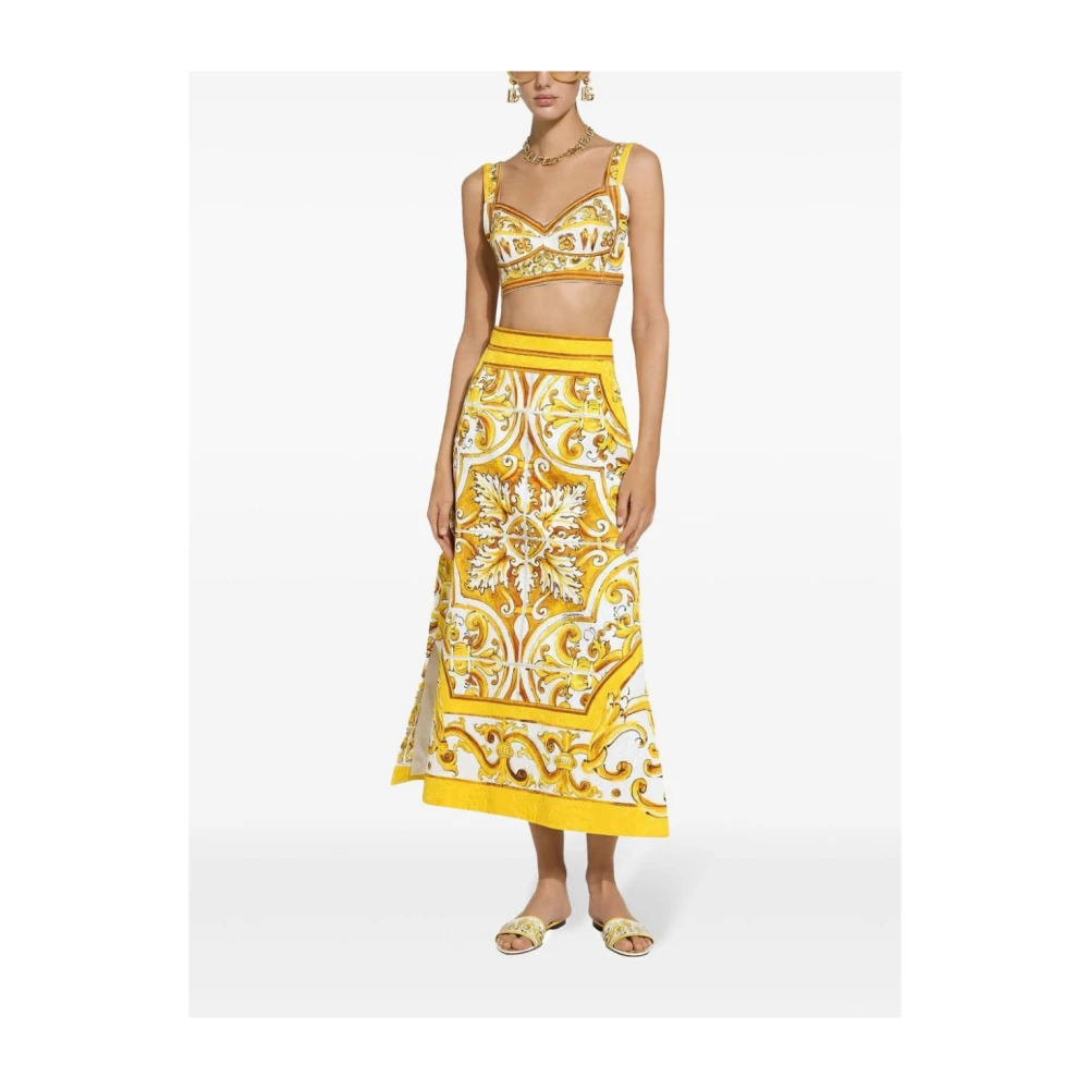 Dolce & Gabbana Majolica Print Zijden Rok Yellow Dames