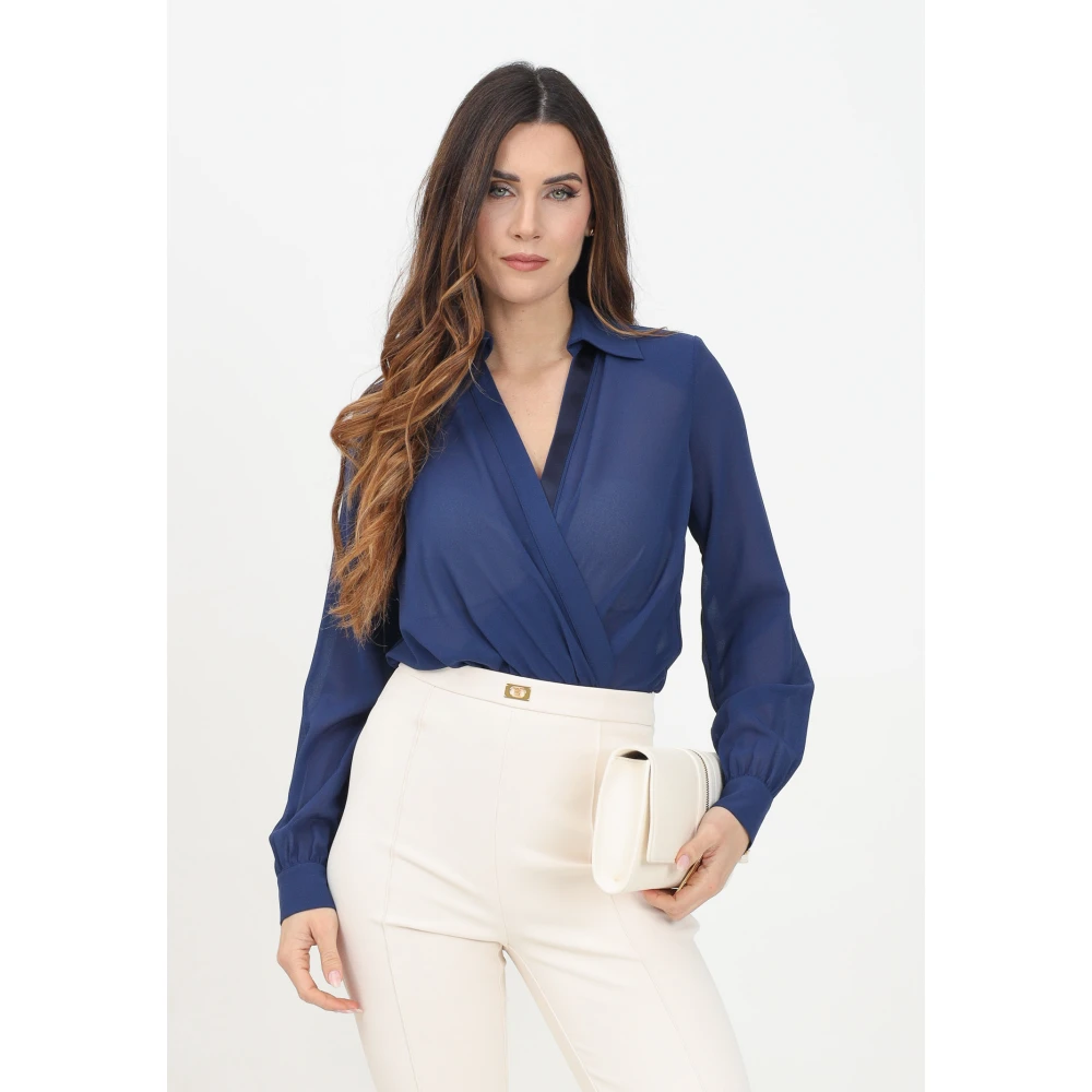 Elisabetta Franchi Blauwe Gedrapeerde Georgette Top met Lange Mouwen Blue Dames