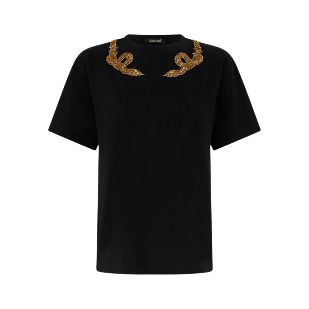 Roberto Cavalli Black T-Shirts, Female, Xs, T-Shirt With Snake Embroidery