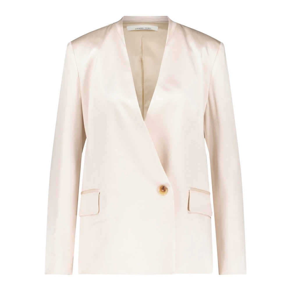 Liviana Conti Satin Blazer Rechte Snit Eén Knoop Beige Dames