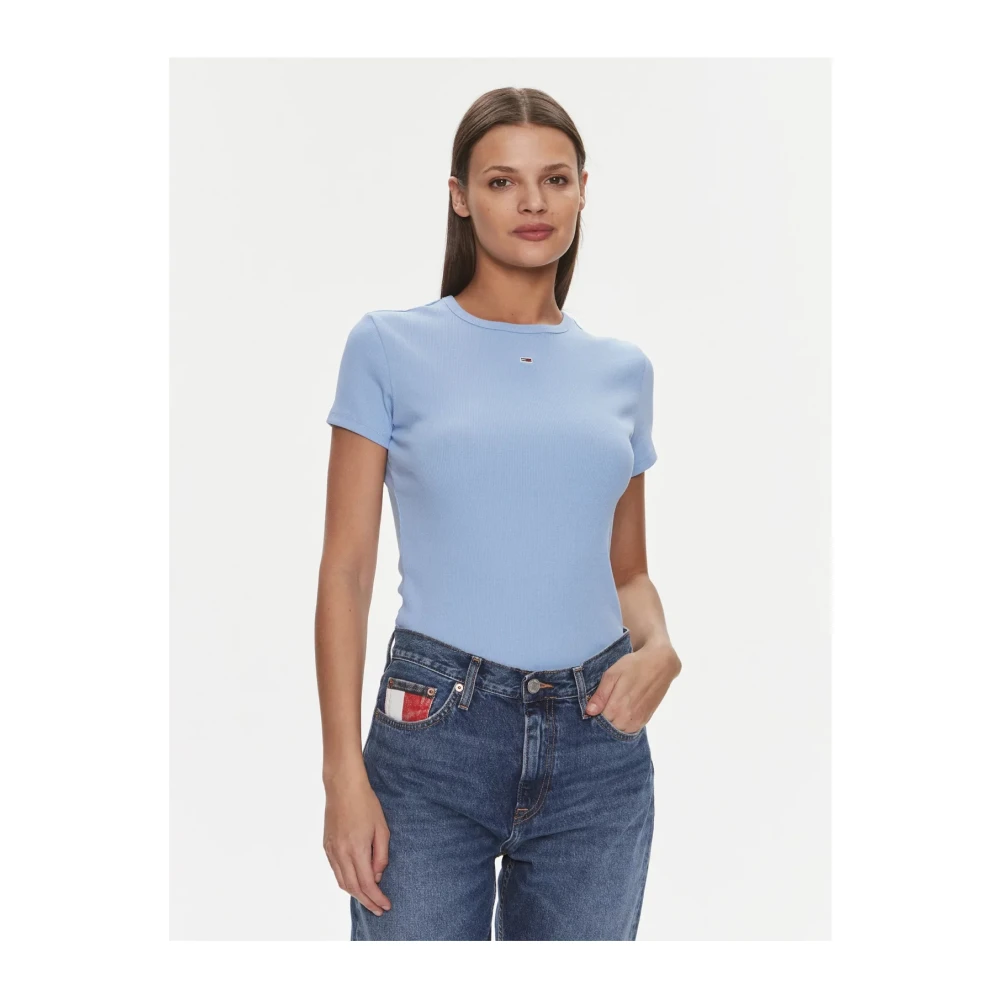 Tommy Jeans Slim Rib Katoen Stretch T-shirt Blue Dames