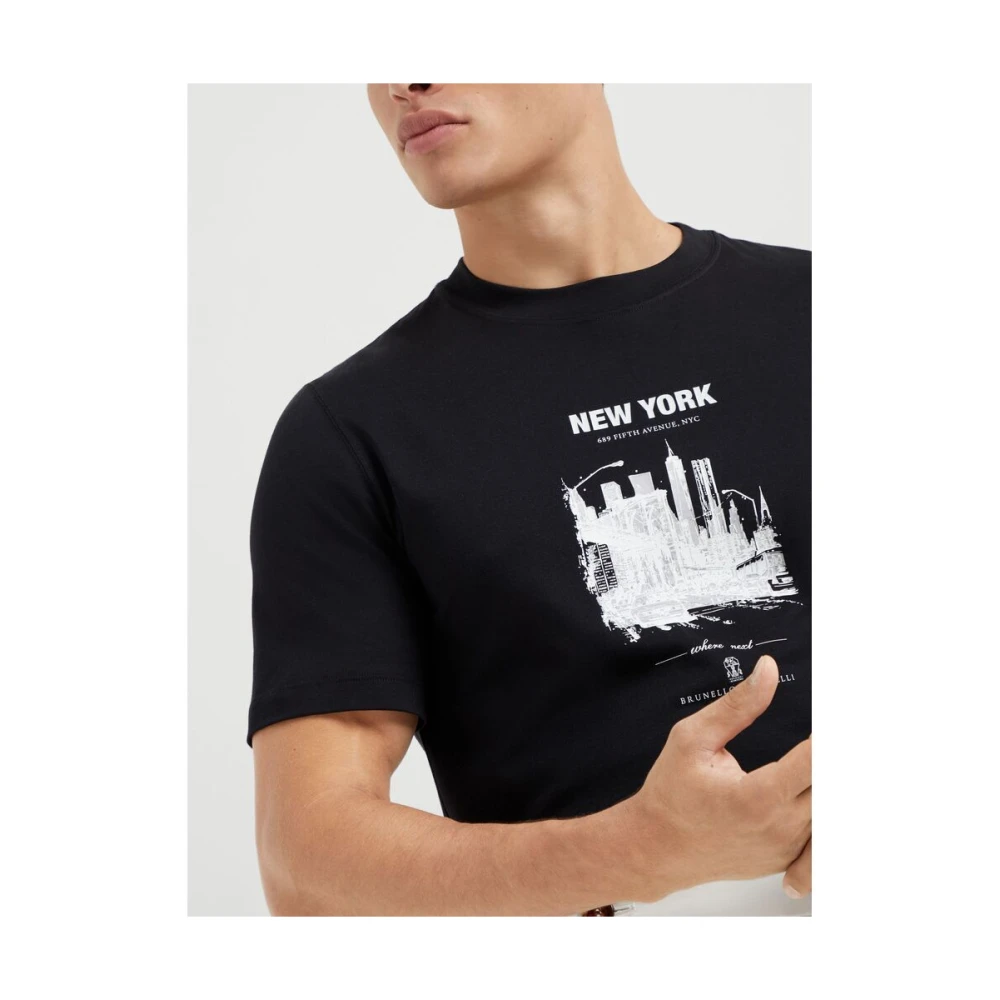 BRUNELLO CUCINELLI Zwart Grafisch Print Katoenen T-shirt Black Heren