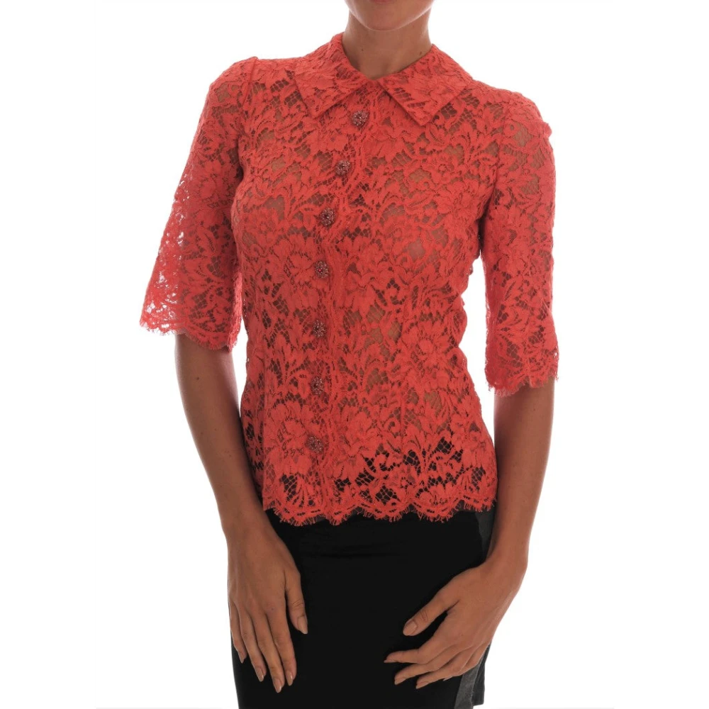 Dolce & Gabbana Oranje Bloemen Kant Kristal Vest Blouse Orange Dames