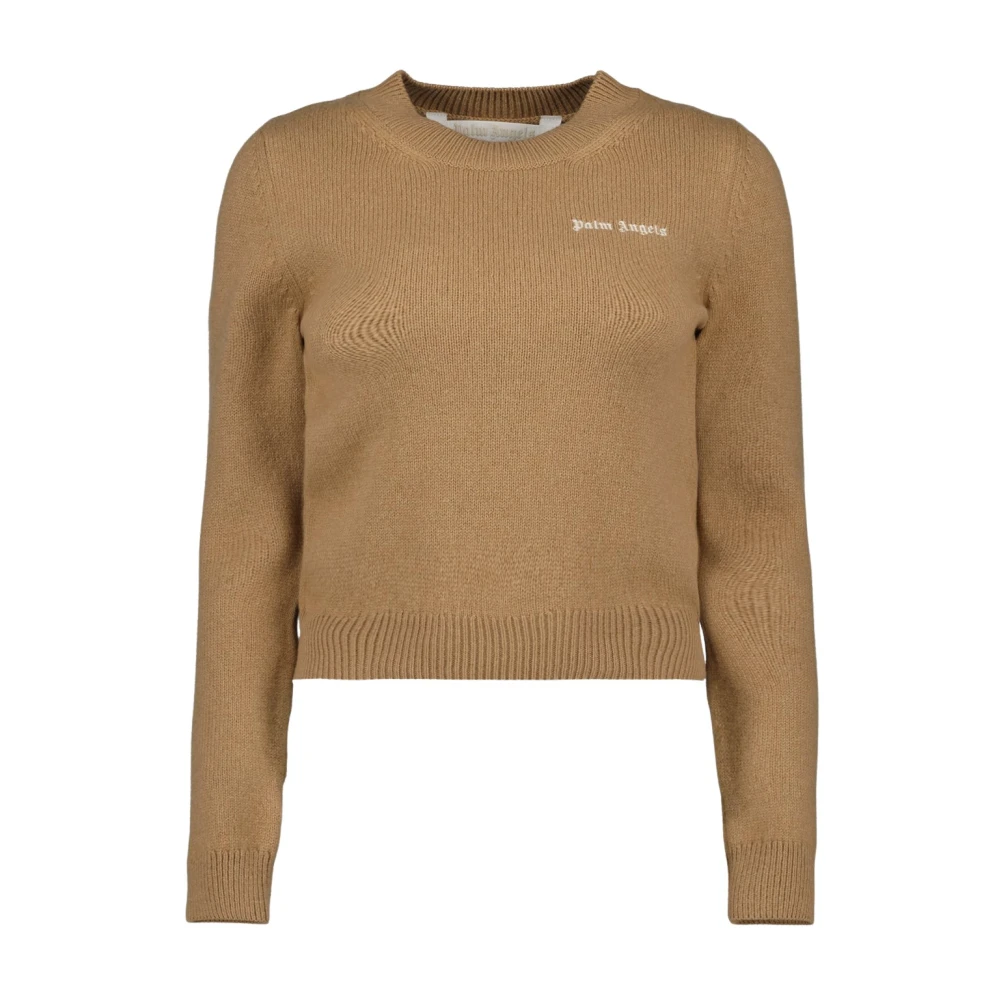Palm Angels Women's Brown Logo Embroidered Round Neck Sweater