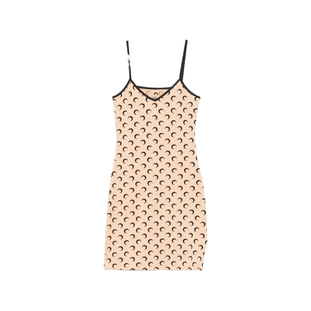 Marine Serre Vrouw Beige Kleedjes Dames, Xs, Maan Print V-Hals Spaghettibandjes Jurk