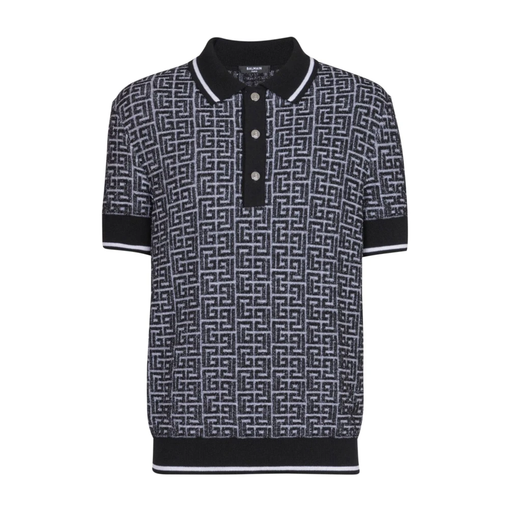 Balmain Gebreide Jacquard Poloshirt Wit Black Heren