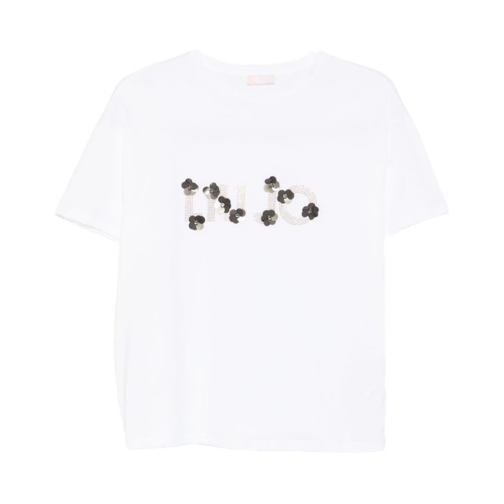 Liu Jo Women's White T-Shirts, S, T-Shirt With Rhinestone Lettering And Embroidered Monogram