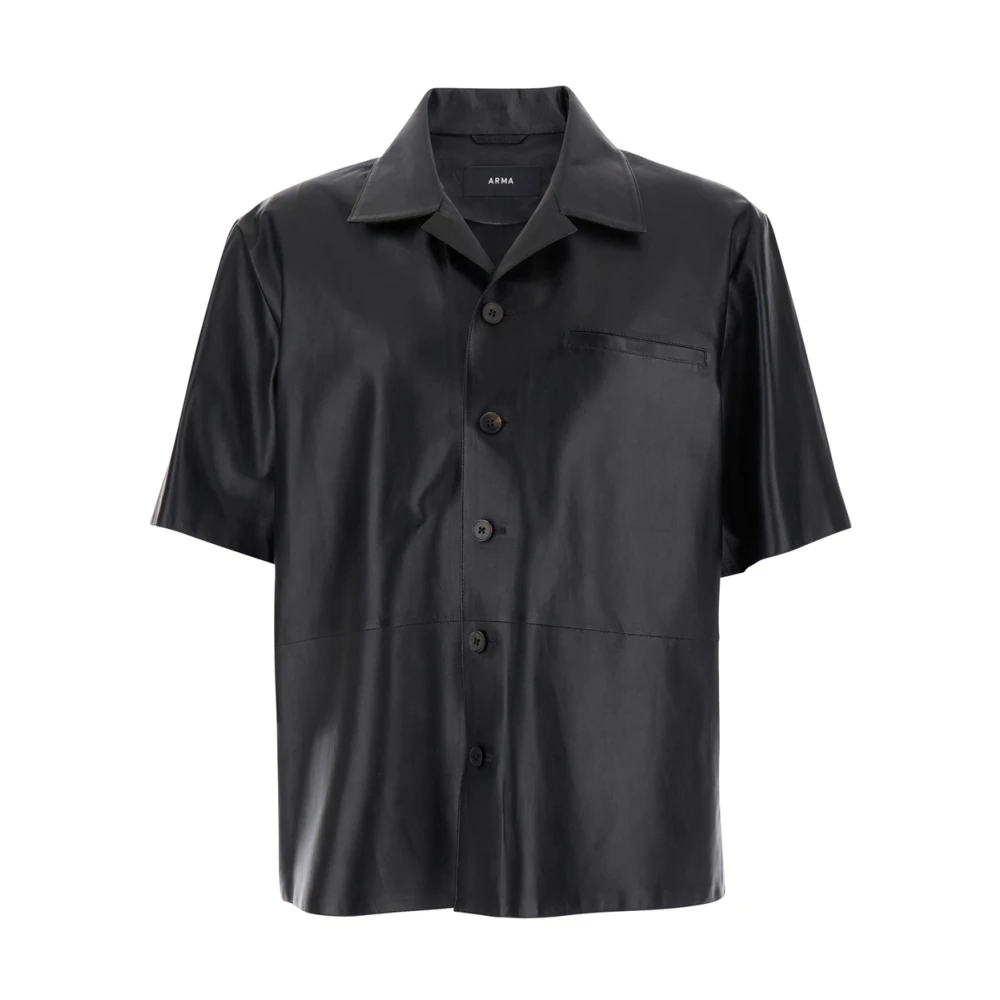 Arma Zwarte Leren Oversized Shirt met Inkeping Kraag Black Heren