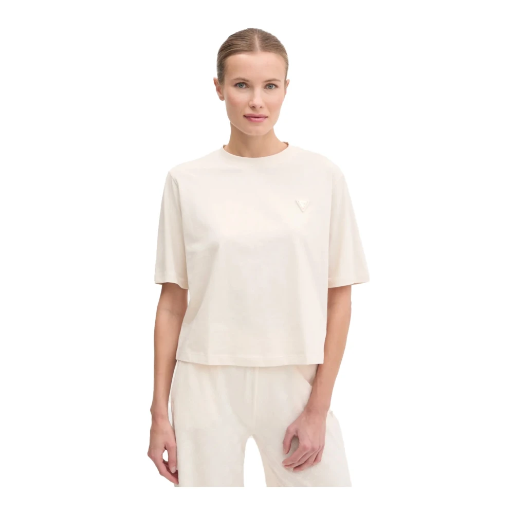 Guess Katoen Logo T-shirt Beige Ronde Hals Korte Mouw Beige Dames