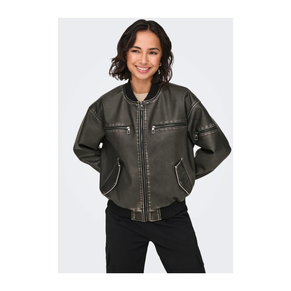 Only Vintage Leren Jas met Ritsmouw Black Dames