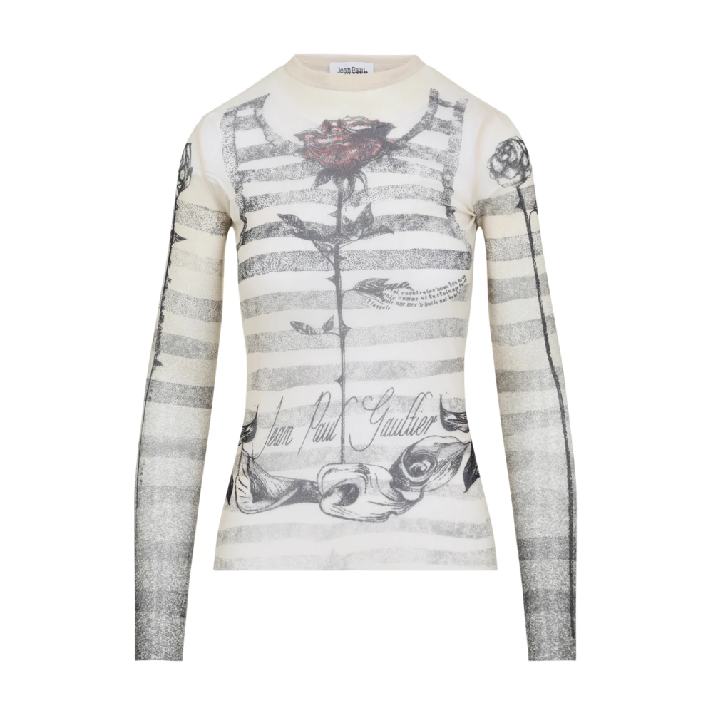 Jean Paul Gaultier Gedrukte Mesh Longsleeve Top Beige Dames