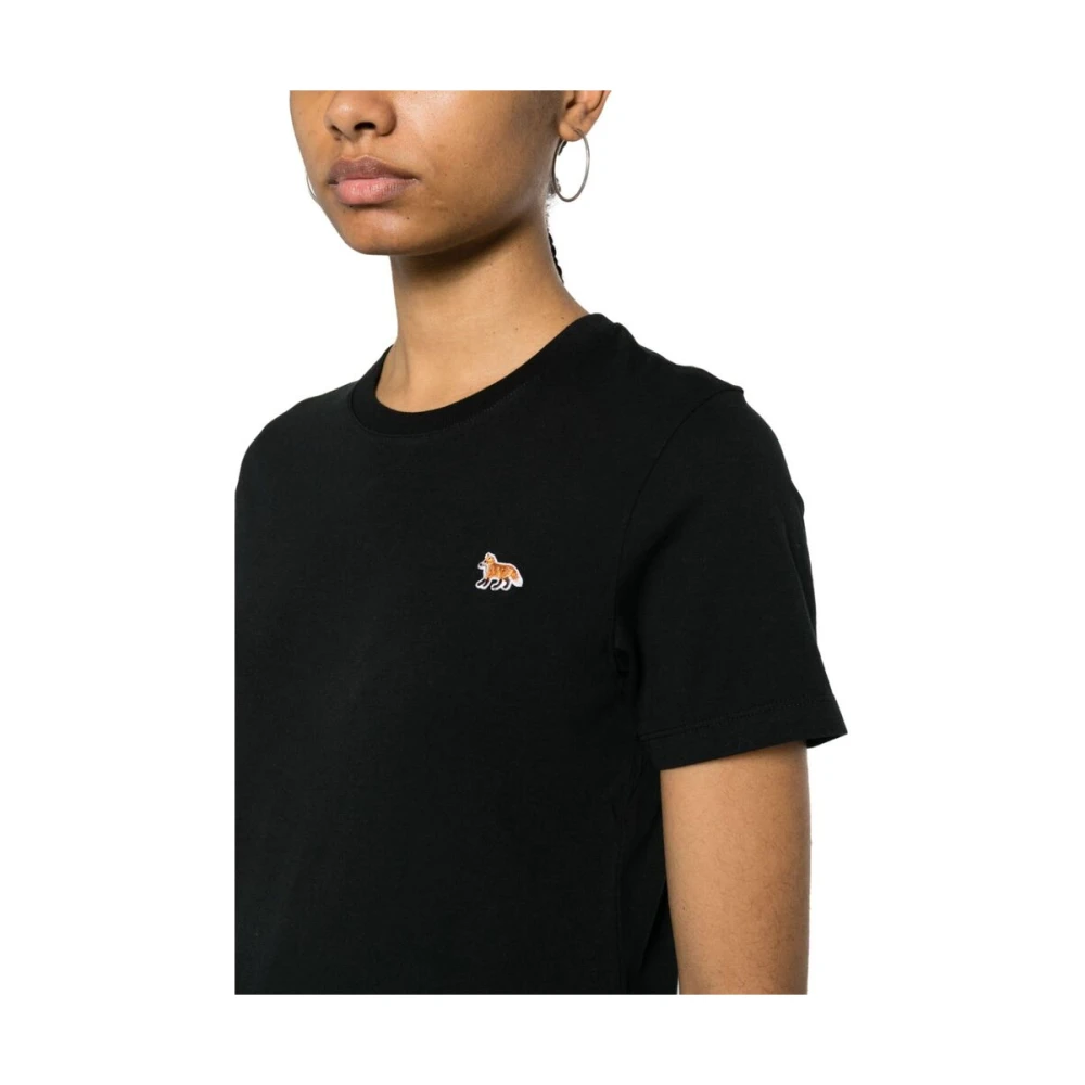 Maison Kitsuné Zwarte Katoenen T-shirt met Vos Patch Black Dames