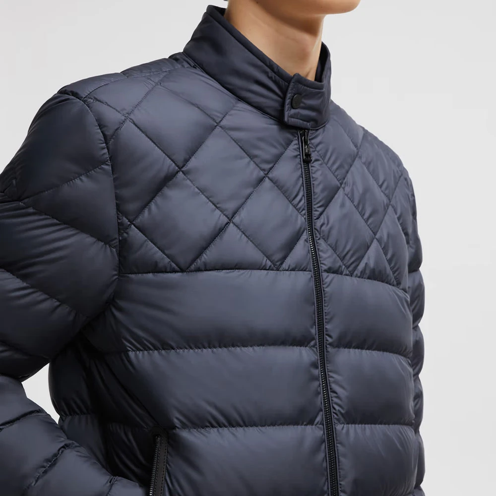 Moncler Navy Leren Bikerjack Blue Heren