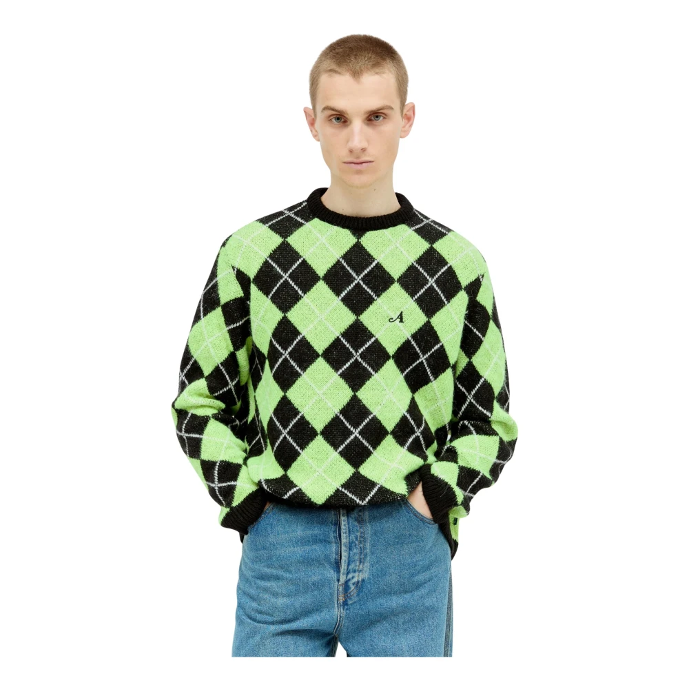 Awake Ny Men's Green Round-Neck Knitwear, L, Argyle Jumper