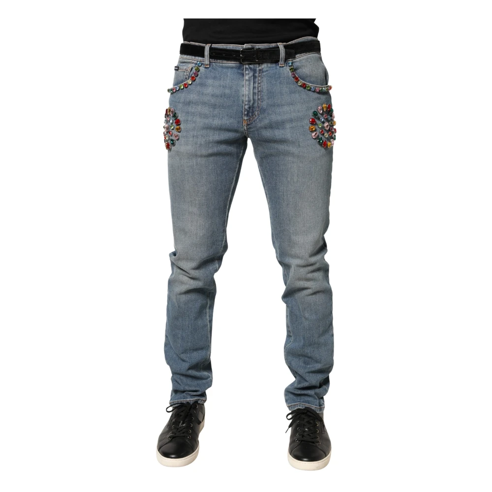 Dolce & Gabbana Men's Blue Embellished Loose Cotton Denim Jeans