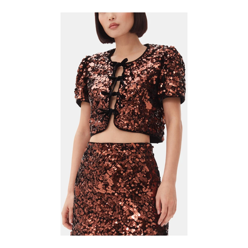 Ganni Bruin Fluweel Lint Korte Mouw Shirt Brown Dames