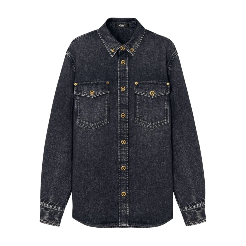 Versace Zwarte Denim Shirt Medusa Hoofd Knopen Black Heren