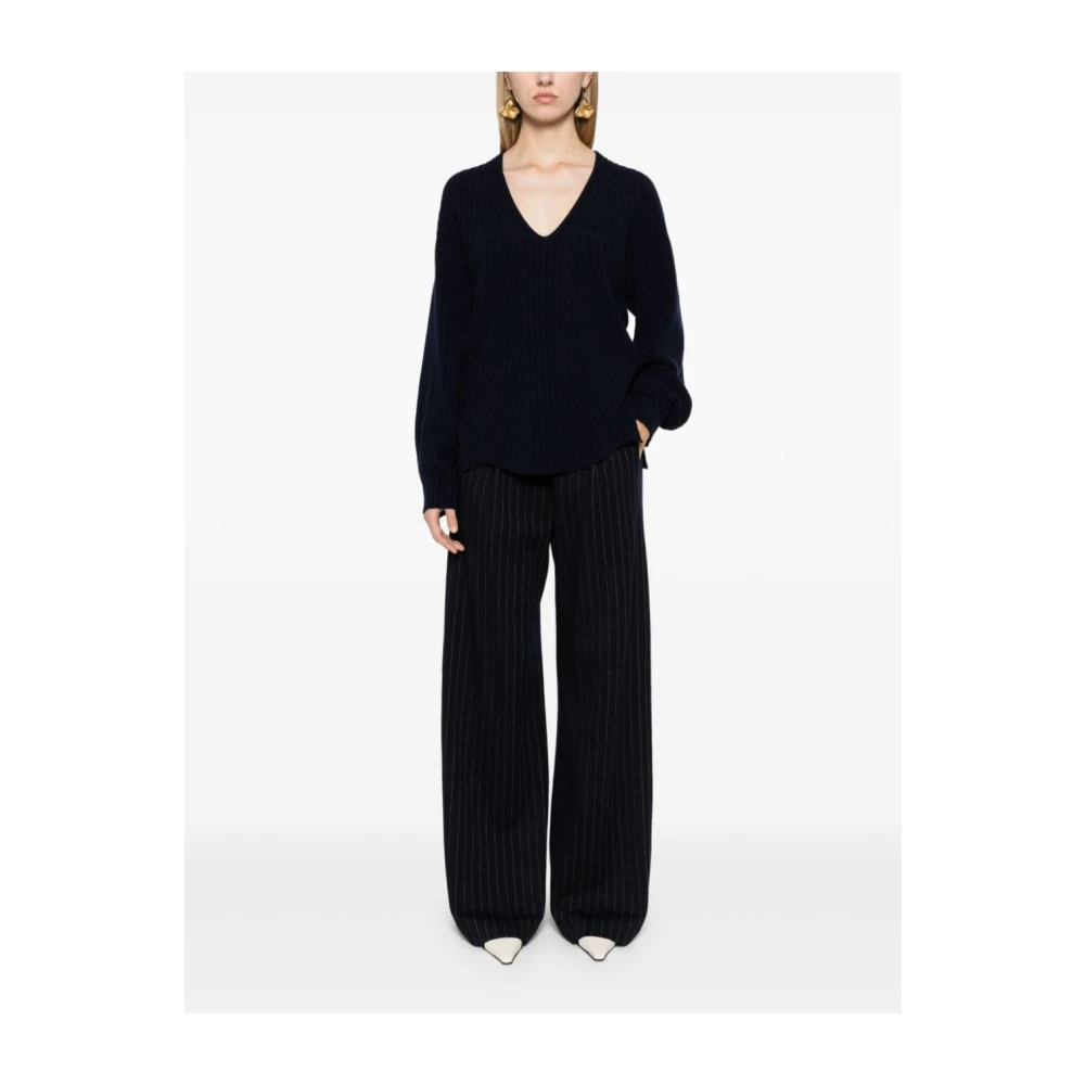 Twinset Blauwe Geribbelde Trui met V-Hals Blue Dames