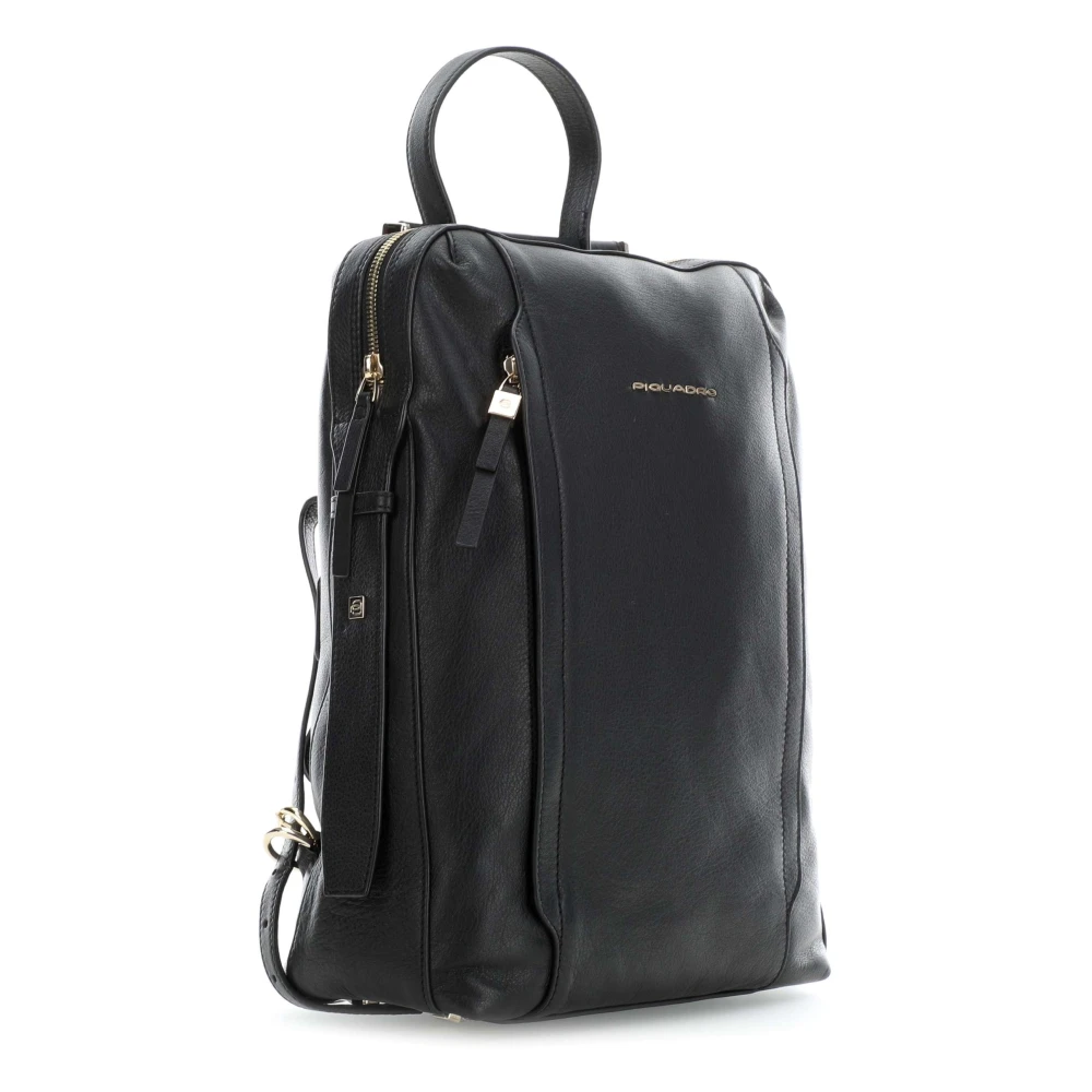 Piquadro Zwarte leren laptoptas met voorvak met rits Black Dames