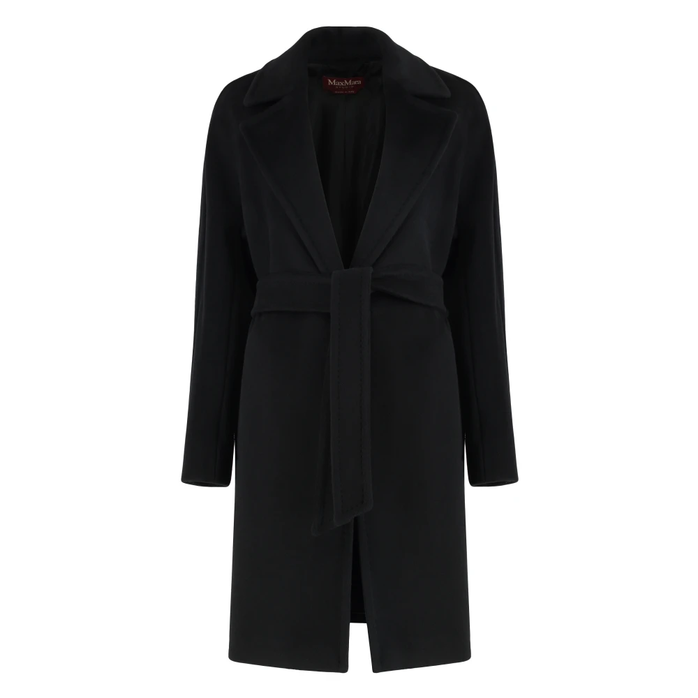 Max Mara Studio Black Belted Coats, Female, L, Wool Beaver Cloth Robe Coat