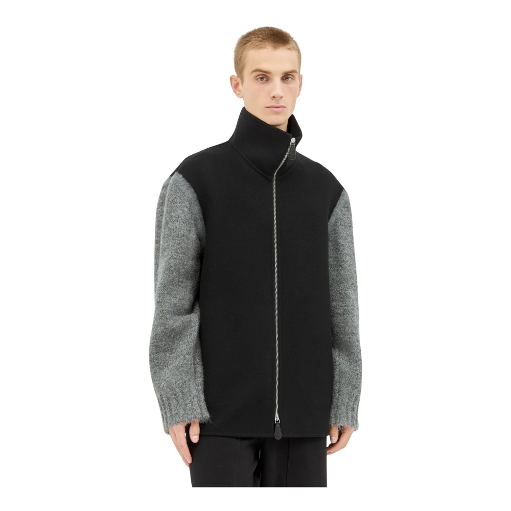 Jil Sander Men's Black Wool Jacket With Knit-Sleeves - Zip-Throughs - S - Sweatshirts & Hoodies